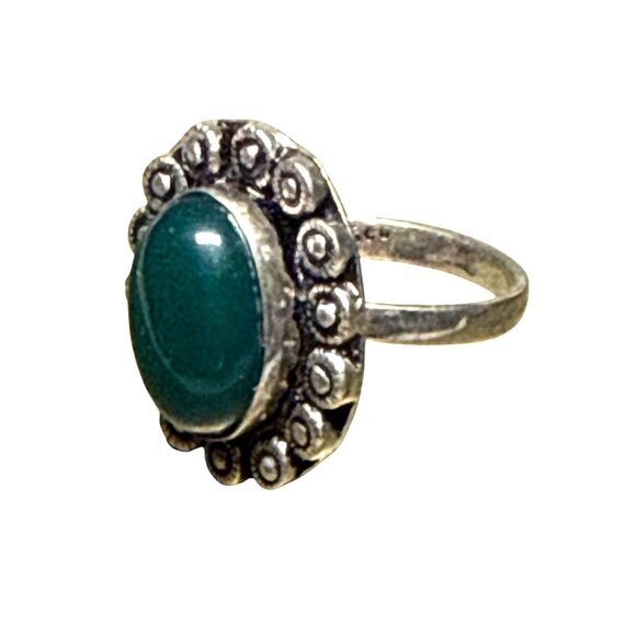 Sterling Silver Green Onyx Oval Ring Vintage Floral Boho Statement Jewelry - Picture 4 of 6